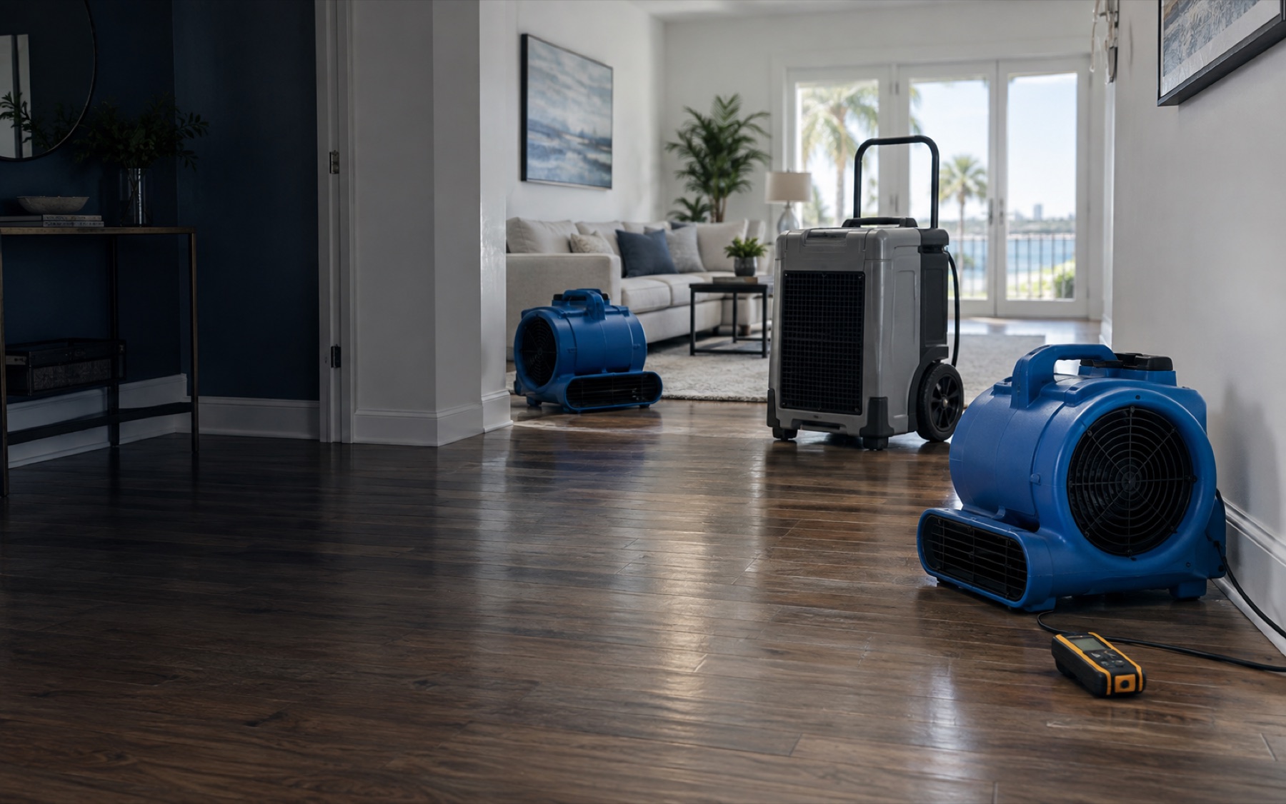 Professional air movers and a dehumidifier drying a residential interior